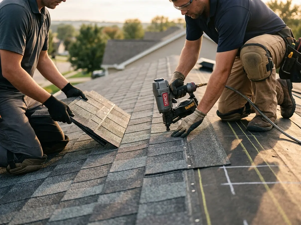 Professional roofer working on a residential roof in Egg Harbor